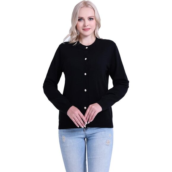 Women Knit Cardigan Sweater Medium Cotton Blend Button Crewneck Casual